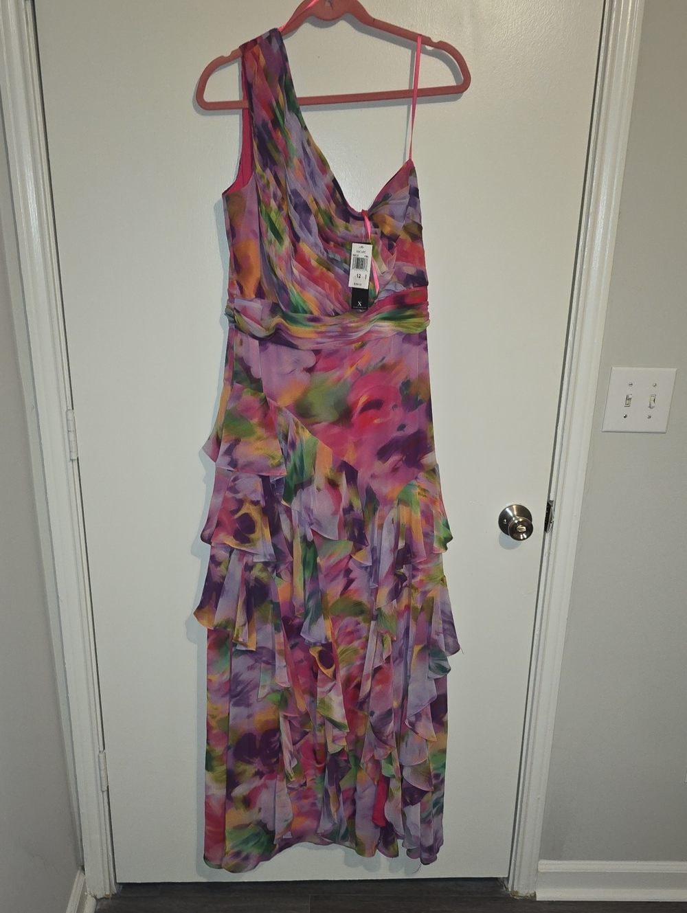 Xscape One-Shoulder Ruffled Floral Maxi Dress in Pink, Purple, Green